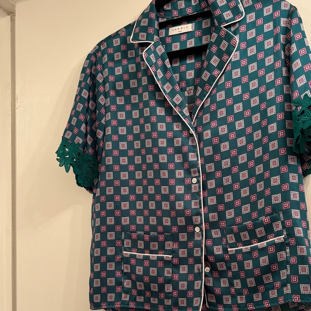 Sandro Teal Geometric Short-Sleeve Button-Down Blouse